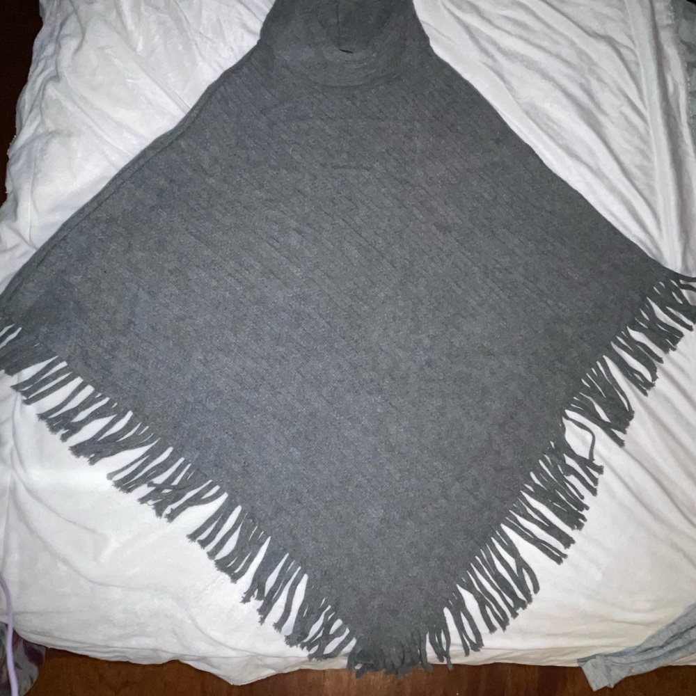 New York & Company Gray Fringe Poncho Sweater